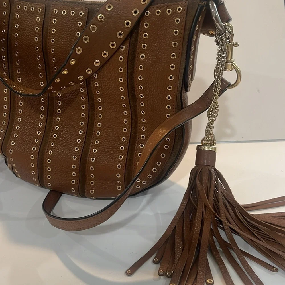 MK Michael Kors Brooklyn Grommet Leather Suede Hobo Crossbody Bag Caramel brown